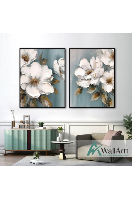 White Flowers with Gold Leaves 2 Piece 3d Heavy Textured Partial Oil Painting